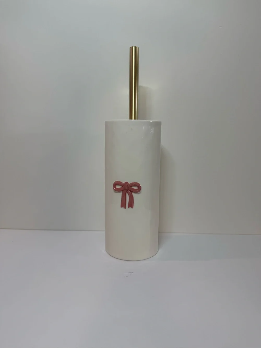 White Ceramic Toilet Brush Holder with Pink Bow and Gold Handle